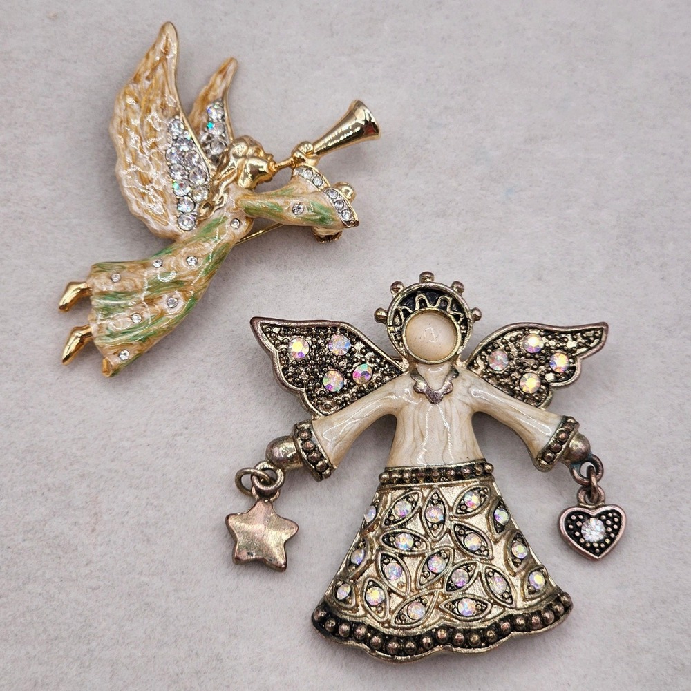 Angel Brooch Set Lot of 2 Rhinestone Enamel Christmas Religious 2pc Faith